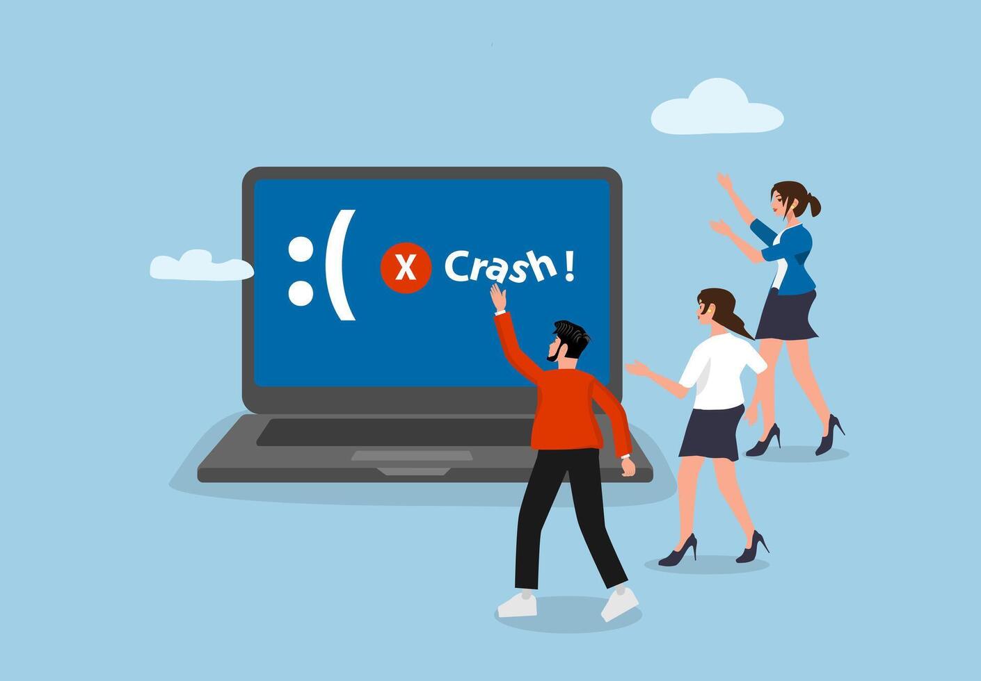 Software crash and system failure. troubleshooting computer error, technical issue, IT problem, and system bug fix illustration. vector