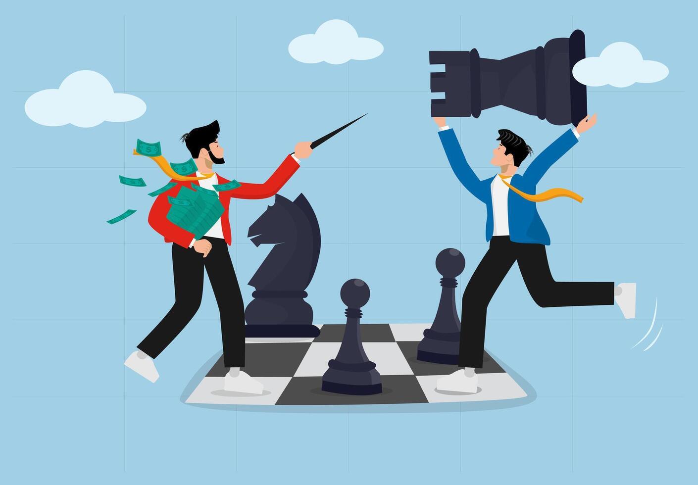 Business Competition and Strategic Leadership. Two businessmen are competing on a chessboard, representing decision-making, power, and success. vector