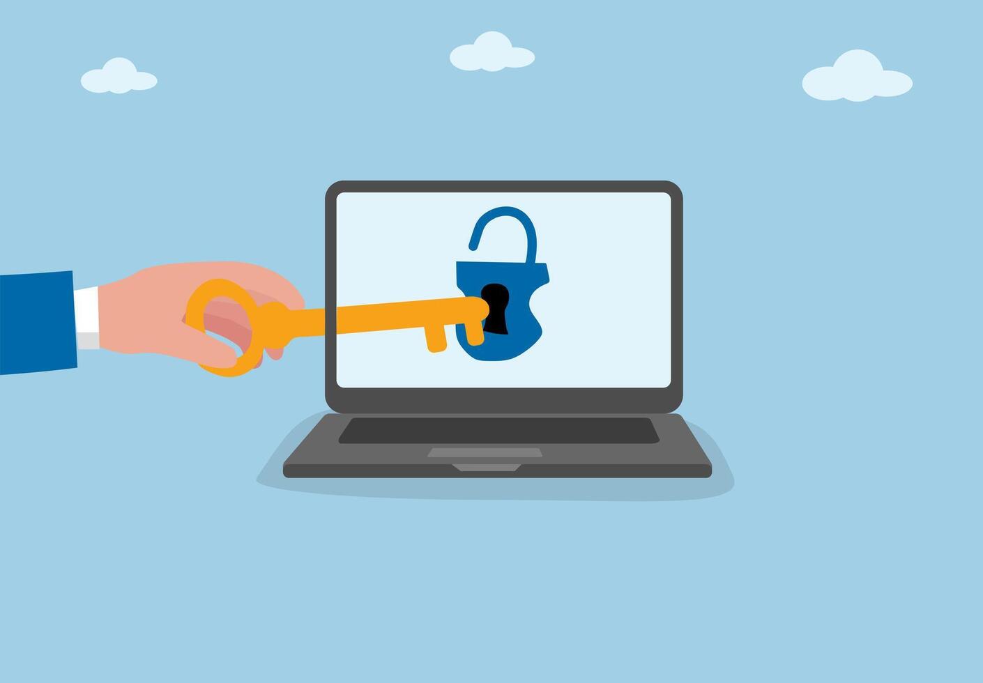 Cyber Security and Data Protection Concept. Hand Holding Key to Unlock Digital Padlock on Laptop Screen Representing Online Security, Privacy, and Access Control. vector