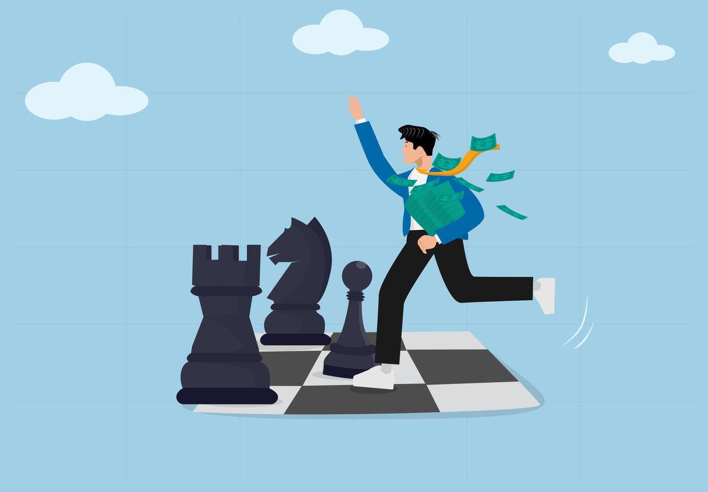 Business Strategy and Financial Success. Businessman Running on Chessboard Representing decision-making, risk management, and career growth. vector