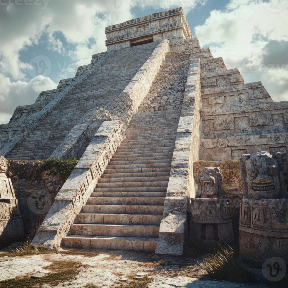 A large stone pyramid with a long staircase leading up to it photo
