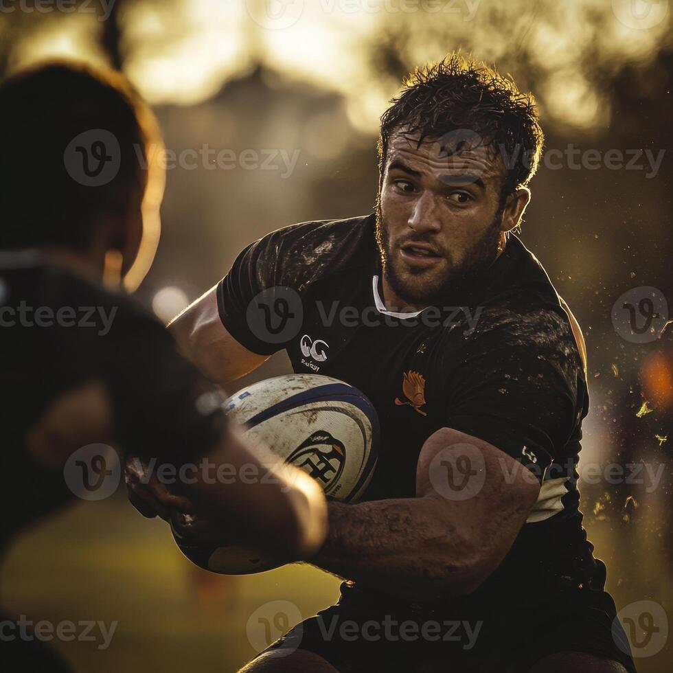 A man in a black shirt is holding a rugby ball and looking at the camera photo