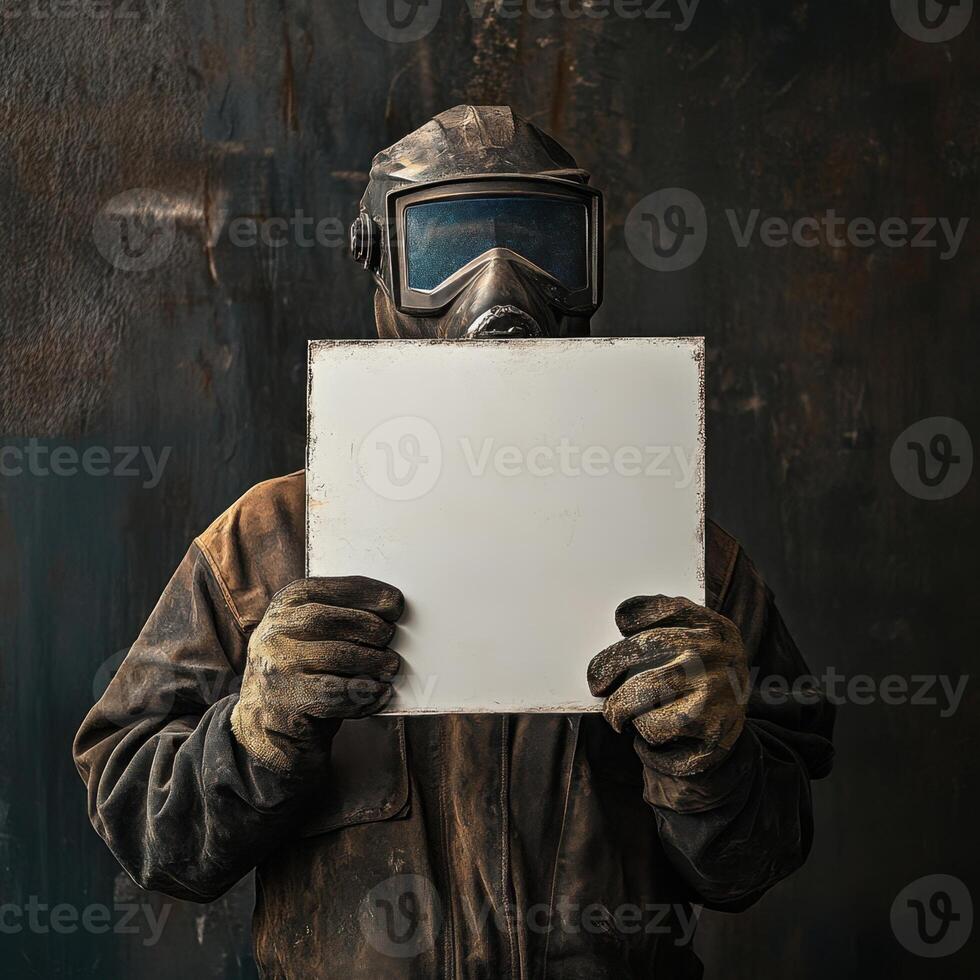 A man in a hazmat suit holding a white sign photo