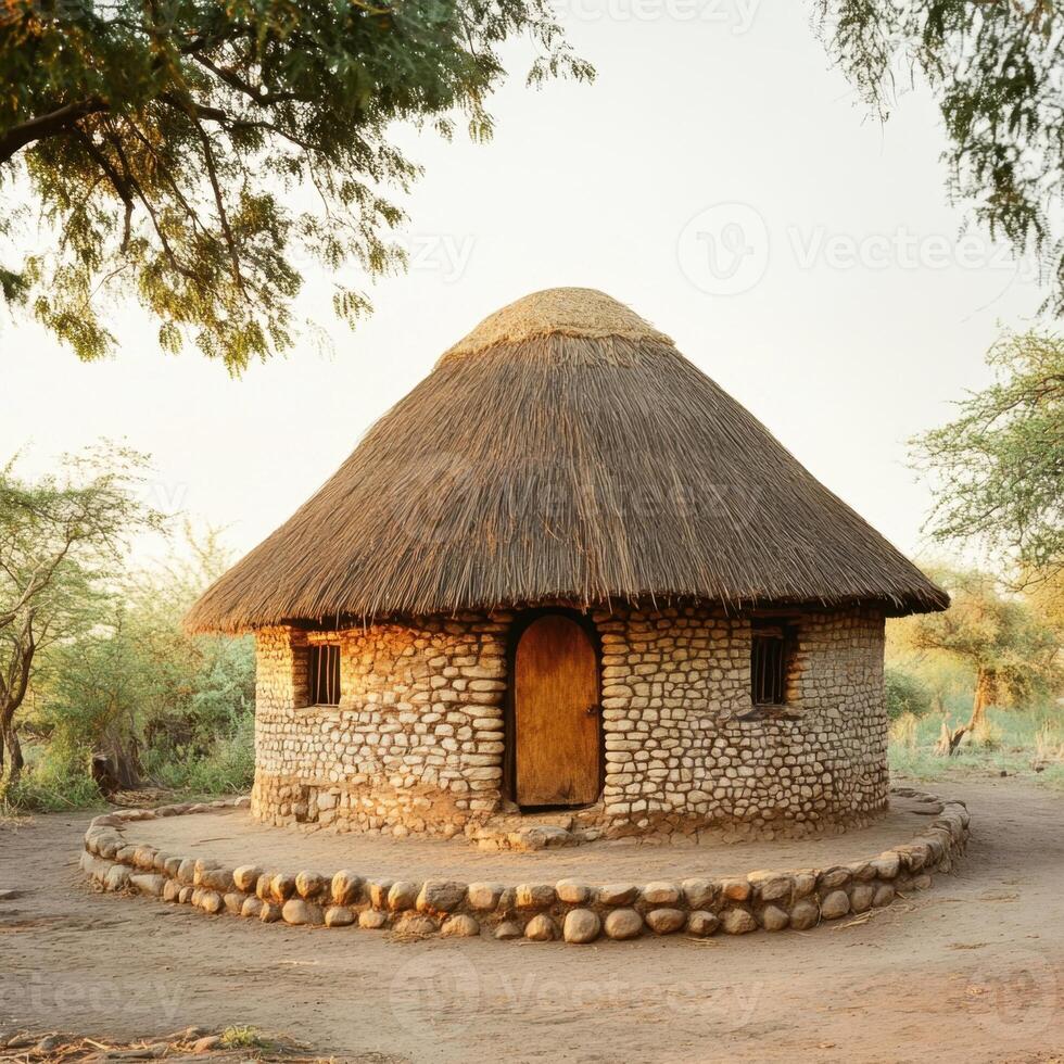 A small hut with a thatched roof sits in a field photo