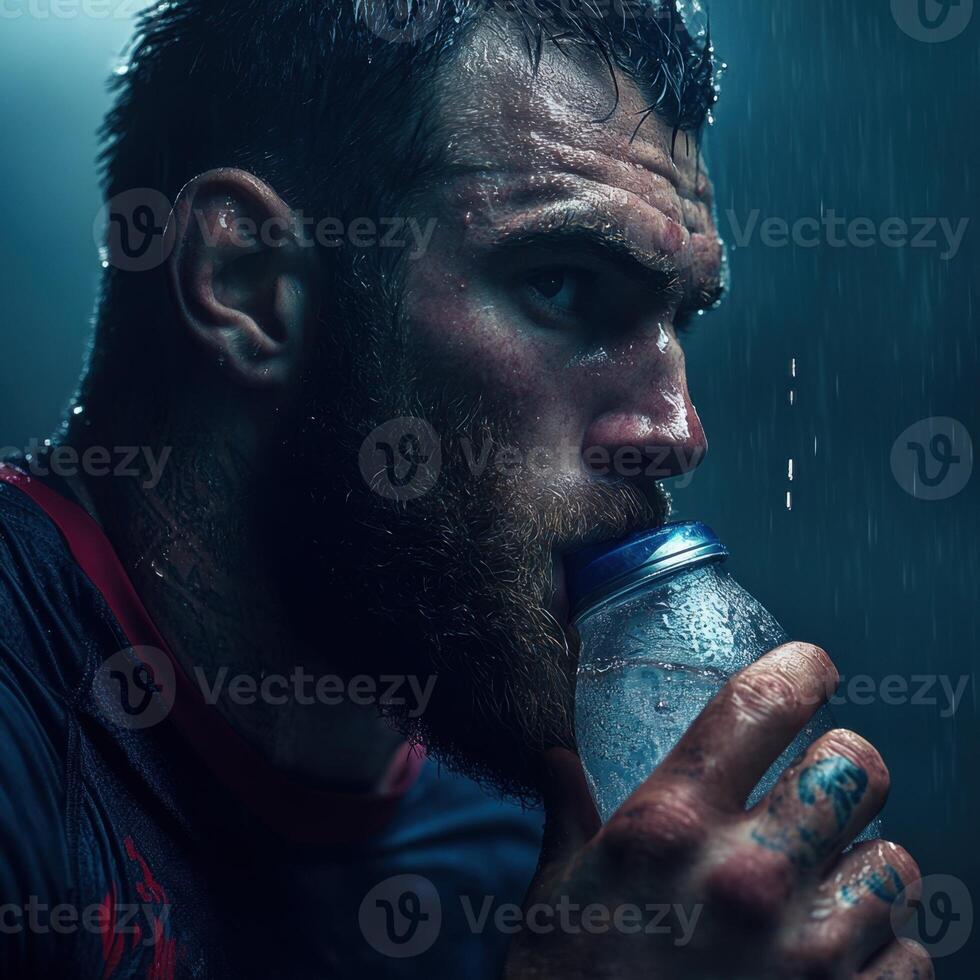 A man with a beard is drinking water from a bottle photo