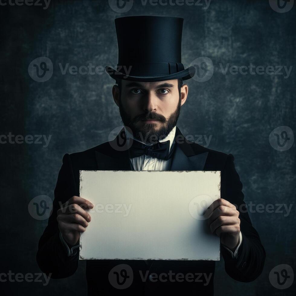 A man in a top hat and tuxedo holding a blank piece of paper photo