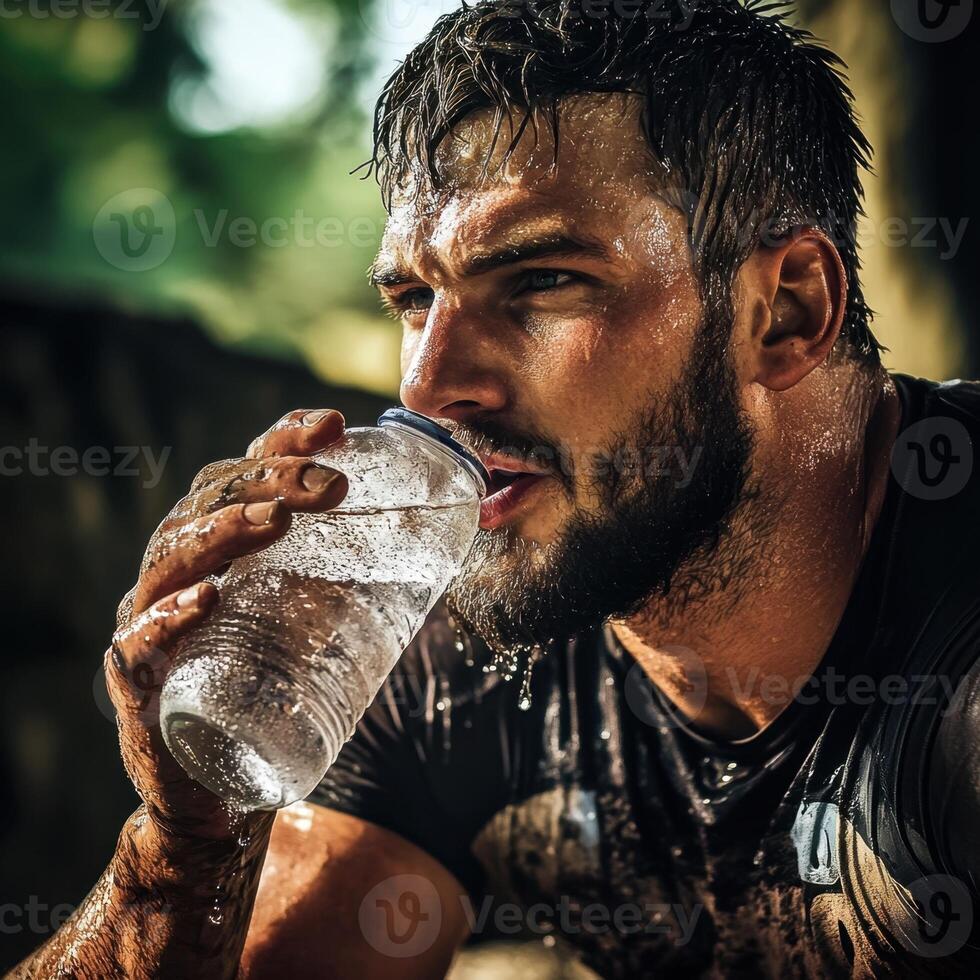 A man is drinking water from a bottle while his face is wet photo