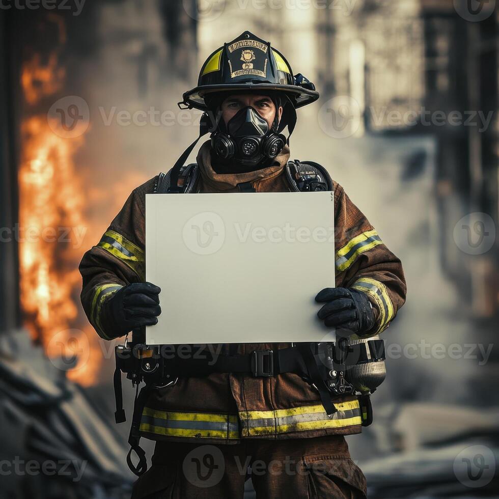 A firefighter holds a white sign in front of a burning building photo