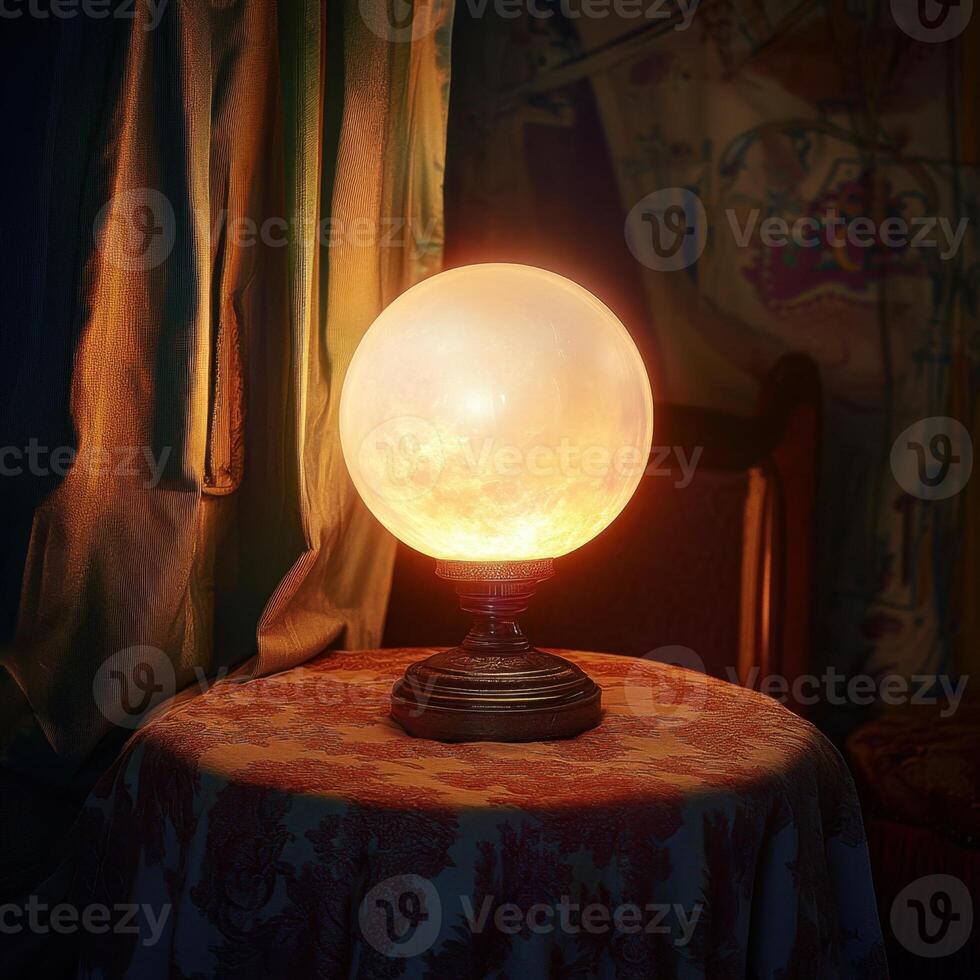 A large, glowing crystal ball sits on a table in a dimly lit room photo