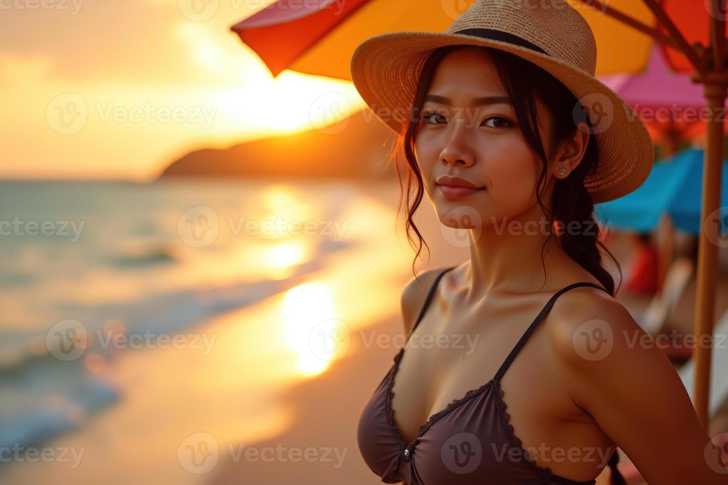 A beautiful woman with dark hair in a bikini and hat gazes softly at the camera, her figure highlighted by the golden sunset glow, her smooth light skin contrasting with the vibrant beach backdrop. photo
