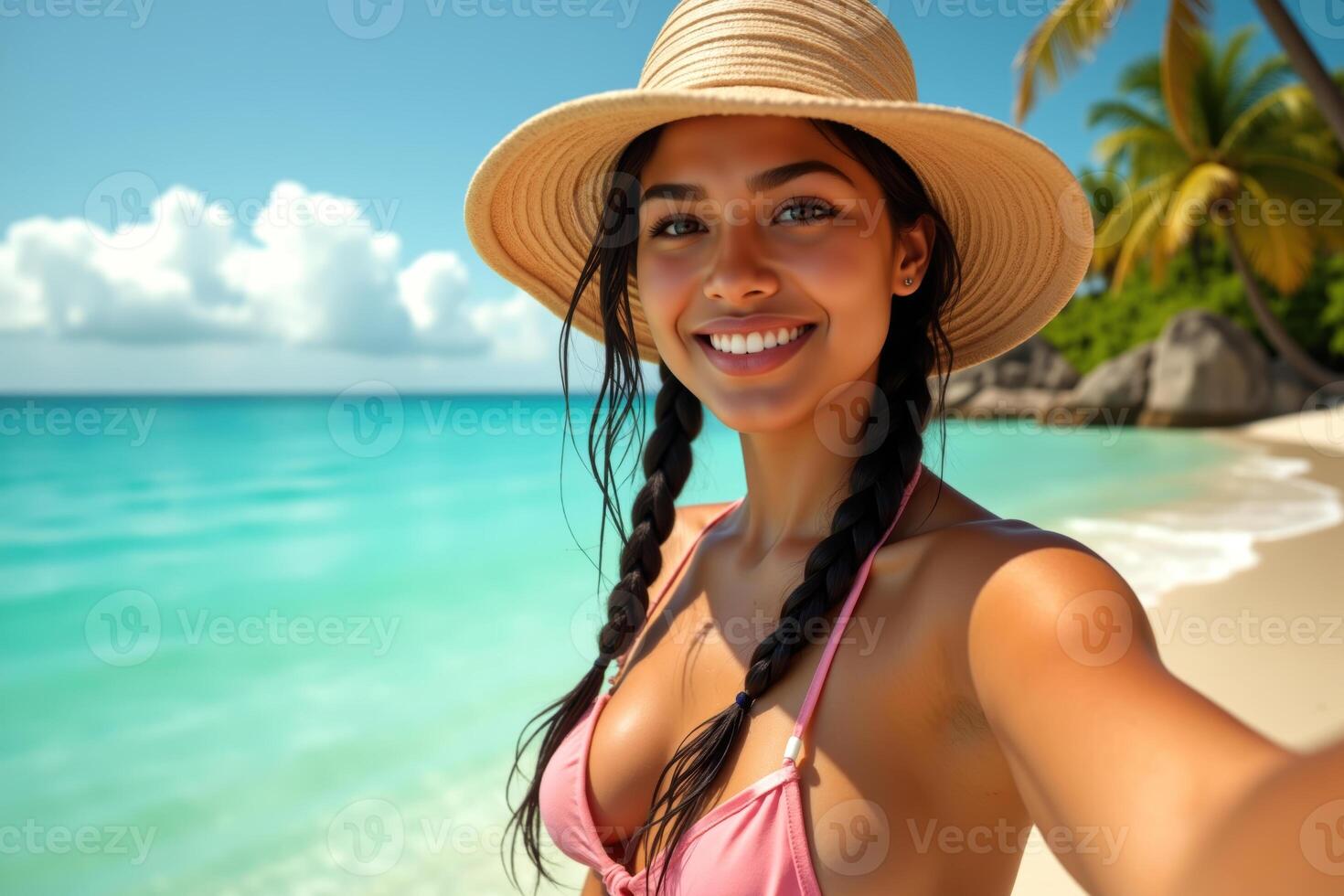 A smiling woman with dark, braided hair in a pink bikini, showing off her figure and medium-sized breasts, enjoying a sunny beach day with turquoise water and palm trees. photo