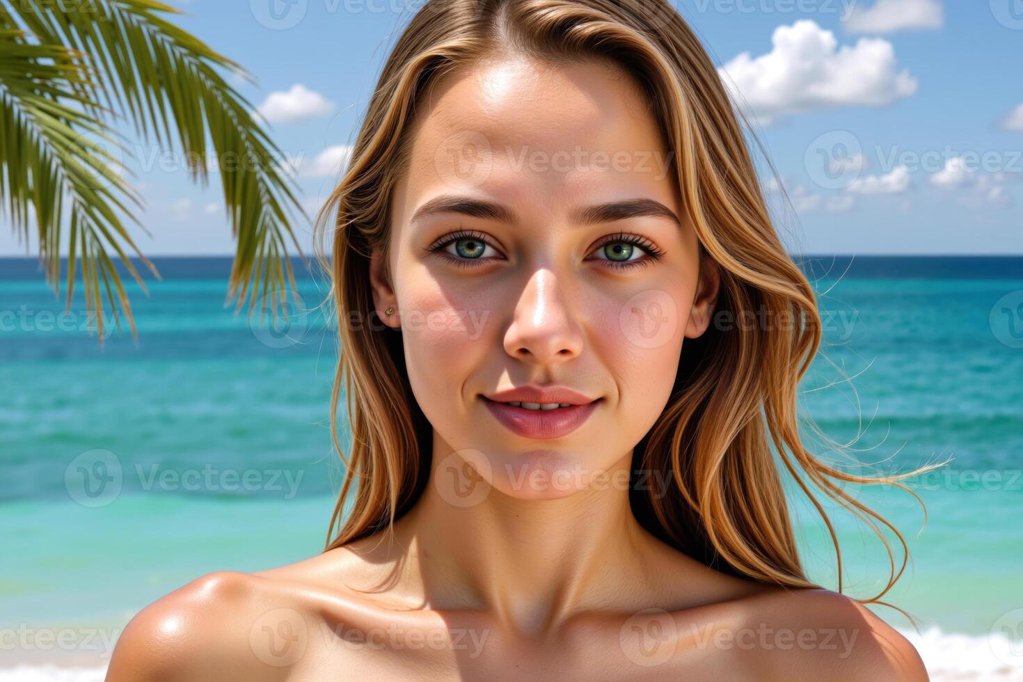 A smiling woman with blonde hair and a light skin tone stands at the beach, with blue-green eyes and a fit figure, under a clear sky with a palm tree. photo