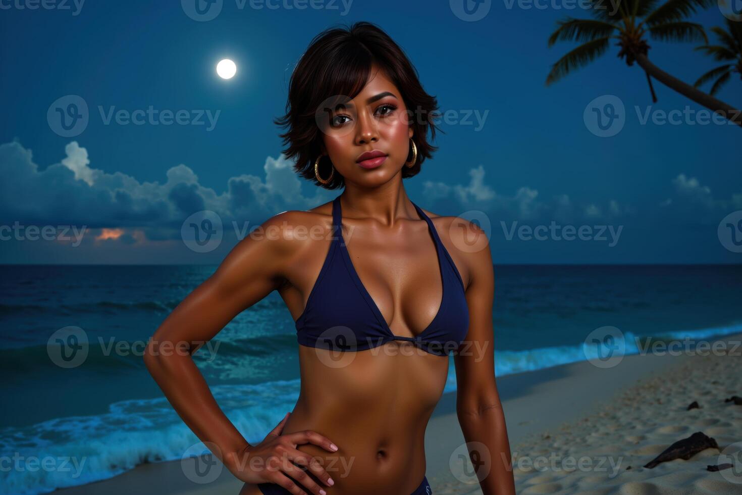 A woman with dark olive skin, wearing a navy blue bikini, with a confident expression, standing on a moonlit beach, has a slender figure with full breasts. photo