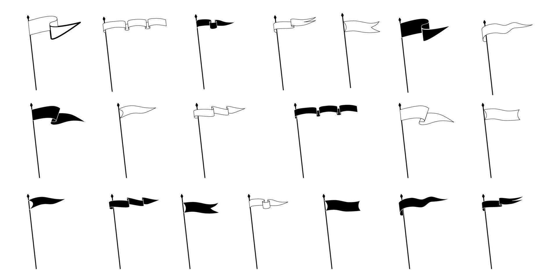 Retro golf pennant flags, banner pendants and waving blank signs on flagpoles, icon. Sport camp or university and varsity royal club pennant flags in white and black line outline or silhouettes vector