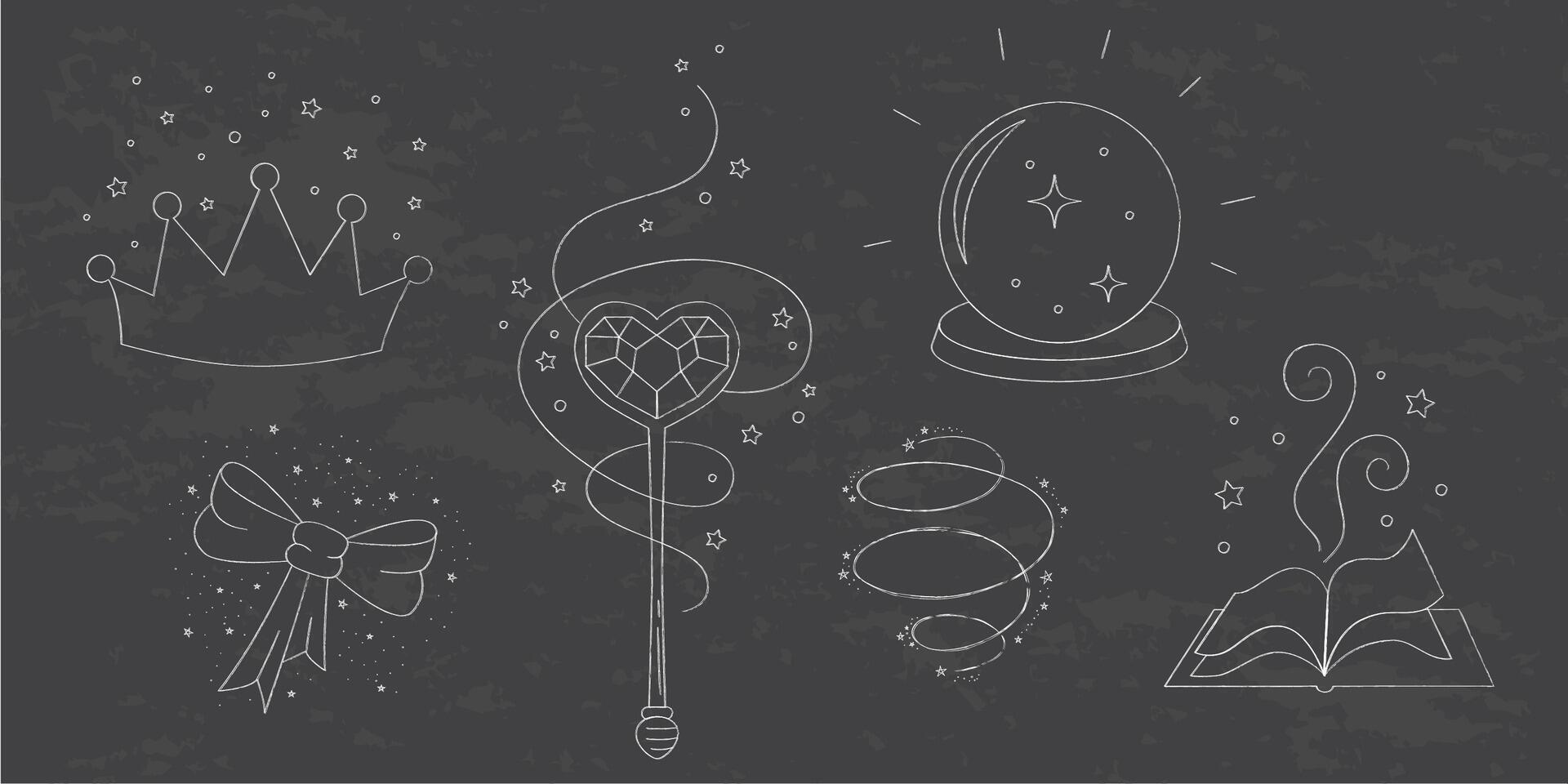 Magic wands and elements chalk doodle set. Fairytale element in sketch style. Hand drawn illustration isolated on white background vector