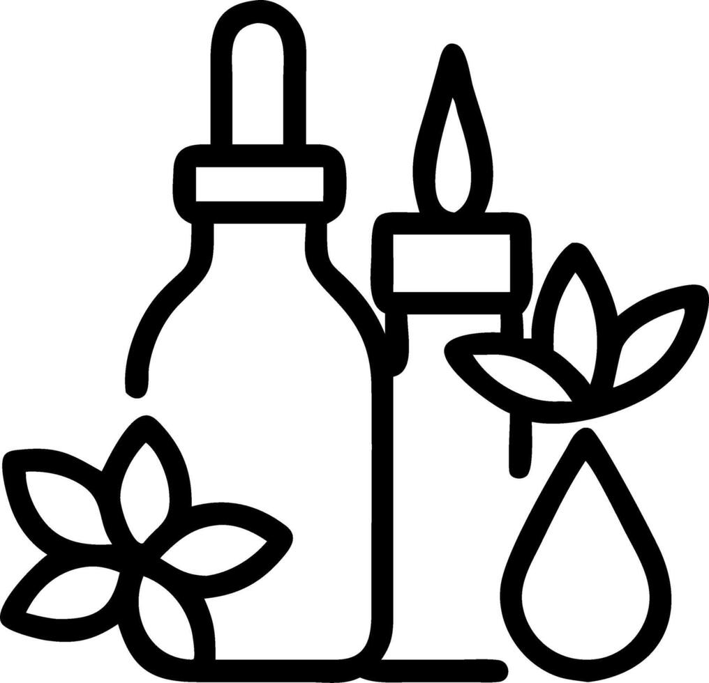 A bottle of oil and a flower are shown in black and white vector