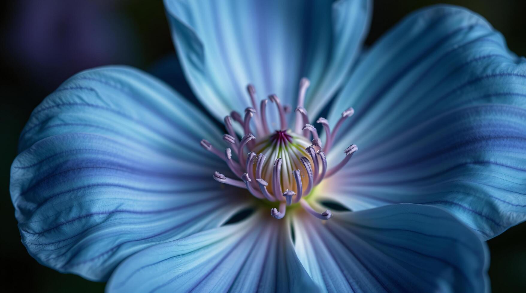 A close up of a blue flower with a yellow center photo