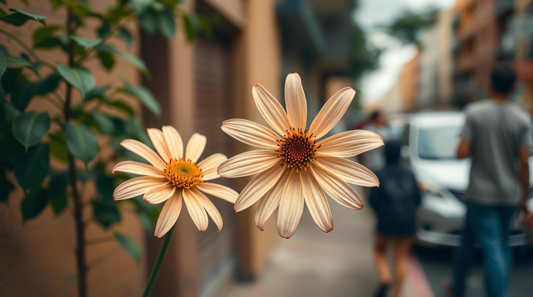 Two flowers are on the street in front of a car photo