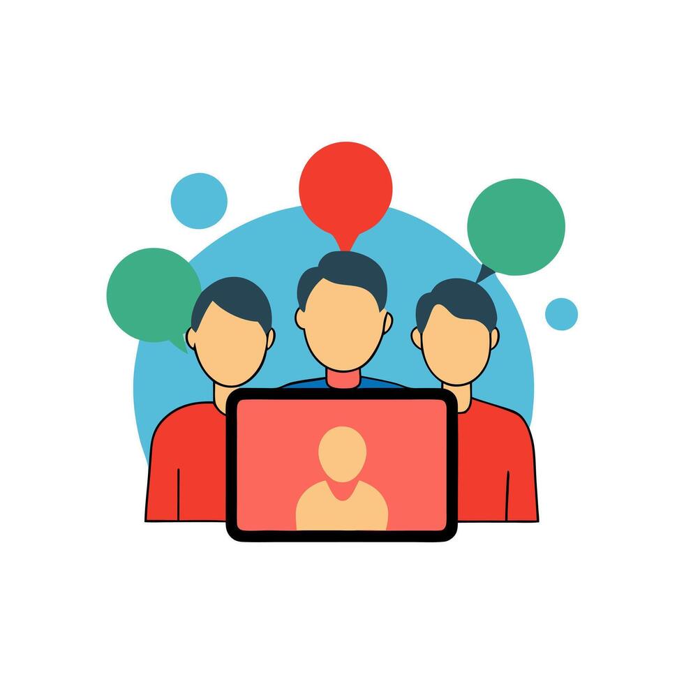 People are sitting around a laptop with a person on the screen vector