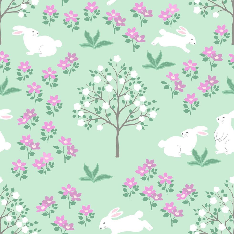 Easter seamless pattern with cute bunnies and beautiful floral on spring garden vector