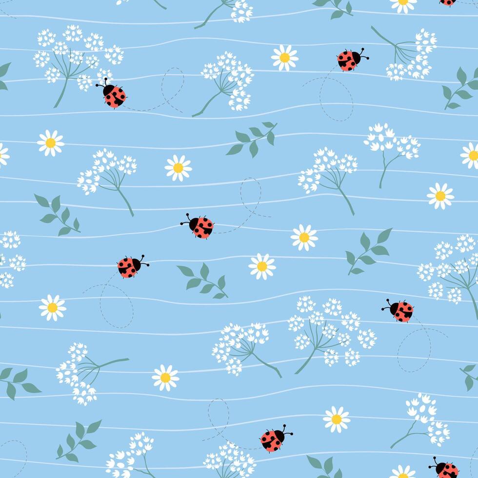 Seamless pattern with floral and ladybugs on spring garden vector