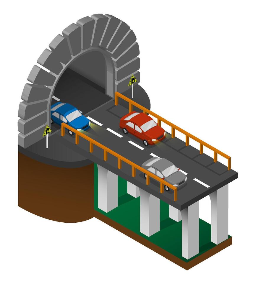 entrance to automobile tunnel with section of bridge and cars. Automobile bridge with arched tunnel in mountains. image vector
