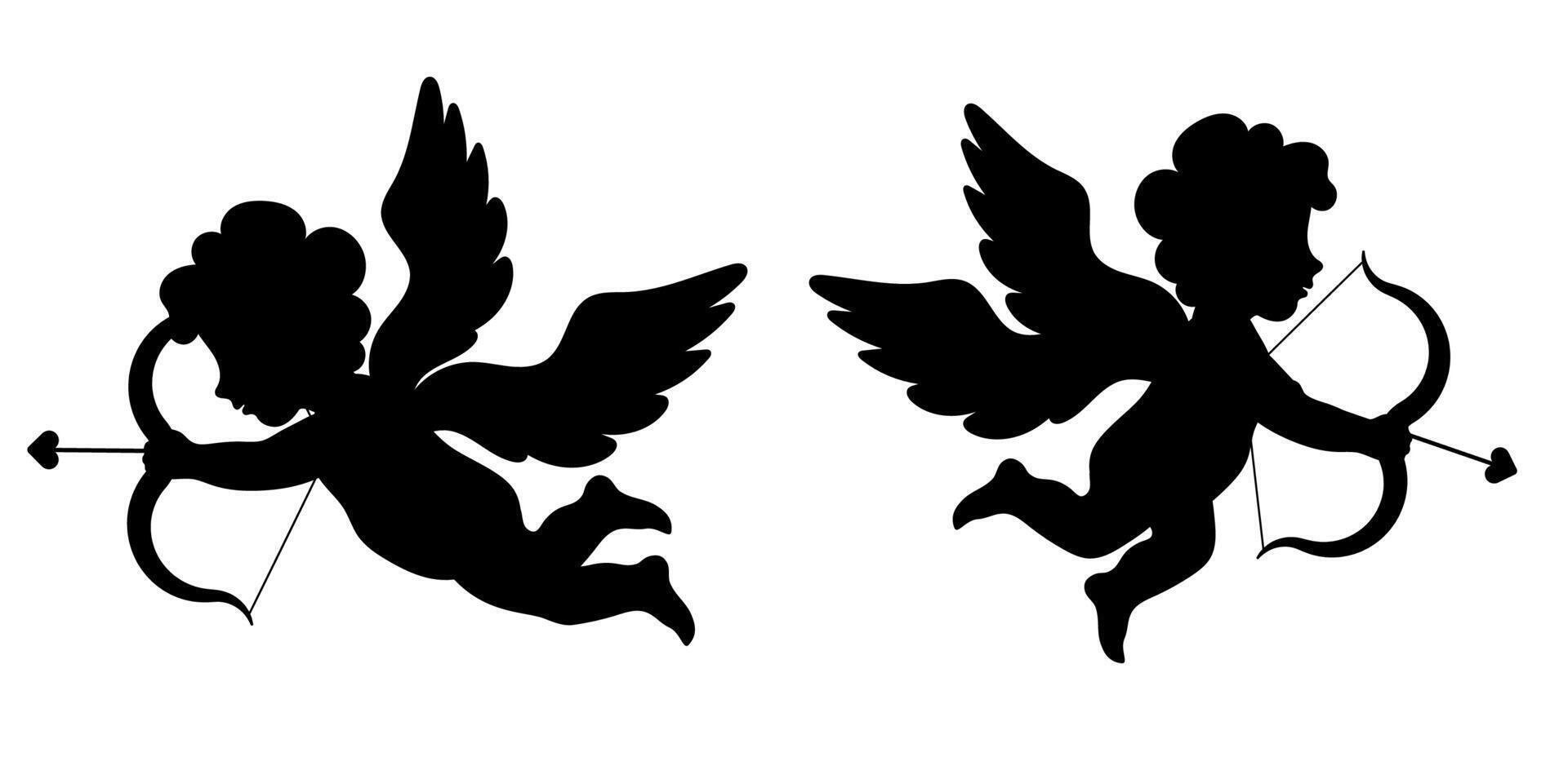 Silhouettes of mythological angel of love Cupid. Cupid, boy with angel wings, bow and arrows. Valentines day symbol. vector