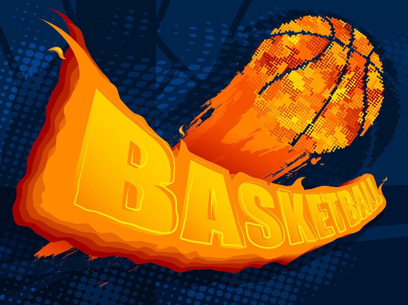 Fiery red hot sports ball for game flies over name and basketball backboard. Background sports competitions in street and in gym. image vector