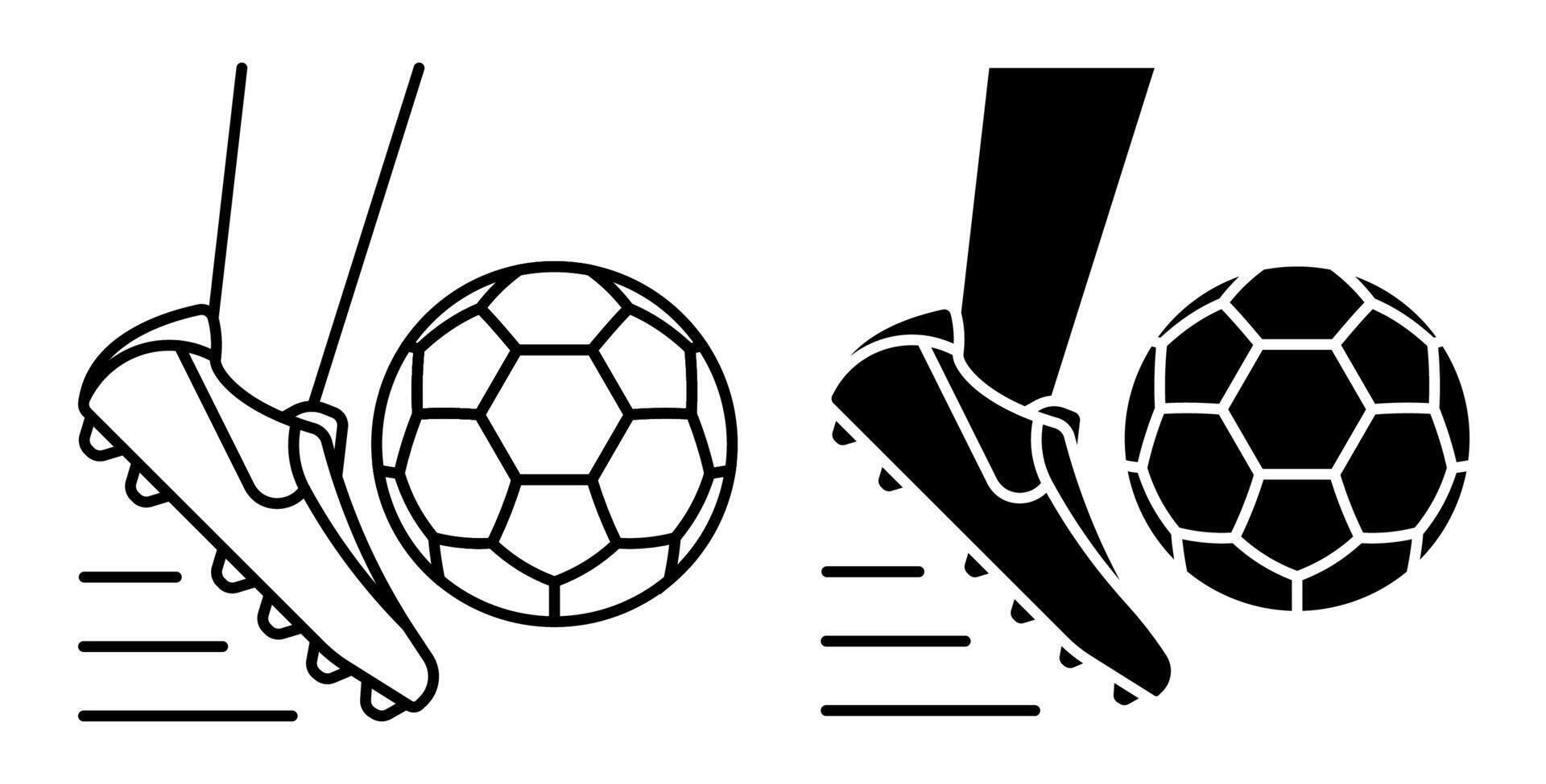 Linear icon. Foot in spiked sports boot hits soccer ball. Passing, hitting ball by player in command play on field or in training. Simple black and white isolated on white background vector