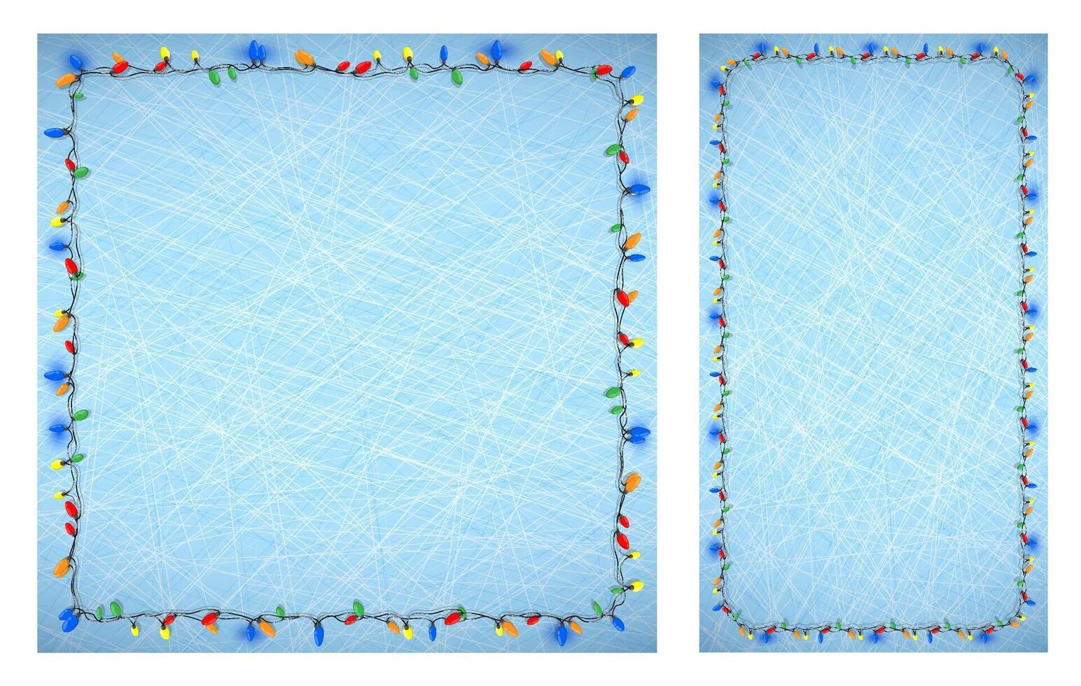 blue backgrounds with lines of scratches on ice and frames of multi colored Christmas lights for garlands. Festive winter frosty background. image vector