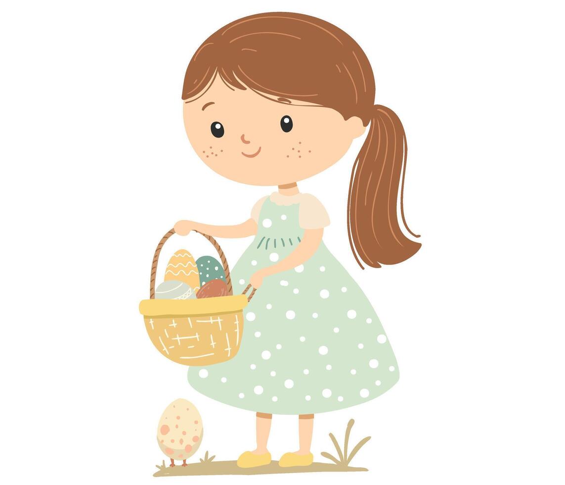 A little girl happily holding a basket filled with colorful Easter eggs vector