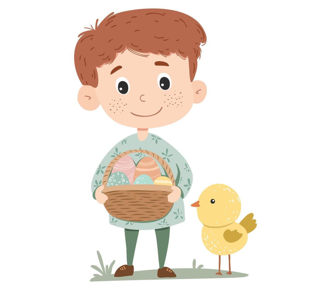 Boy with easter basket and chicken illustration vector