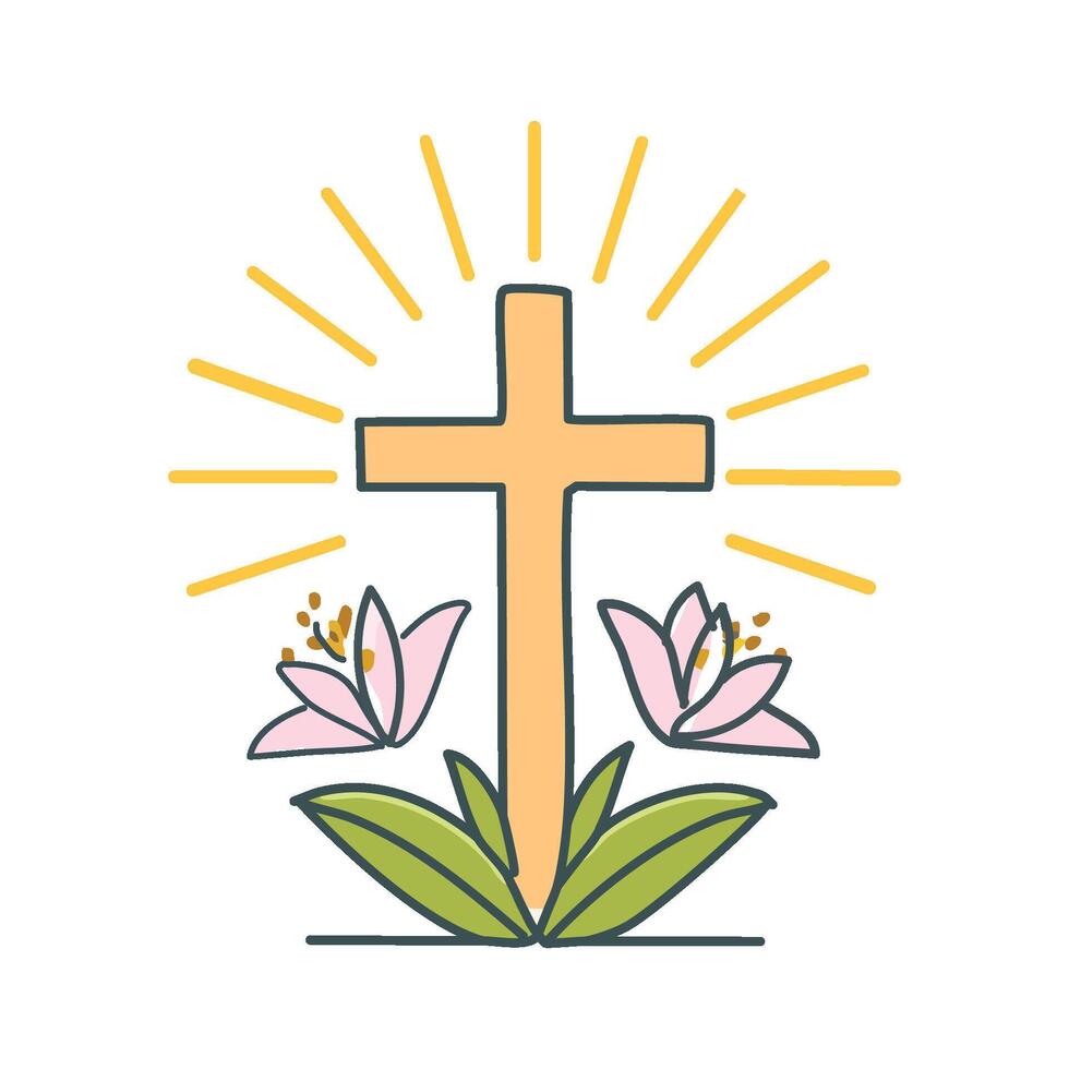 cross with flowers and sunburst vector