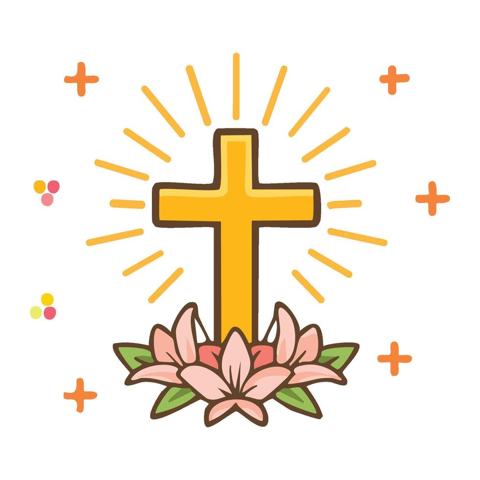 cross with flowers and sun rays illustration vector