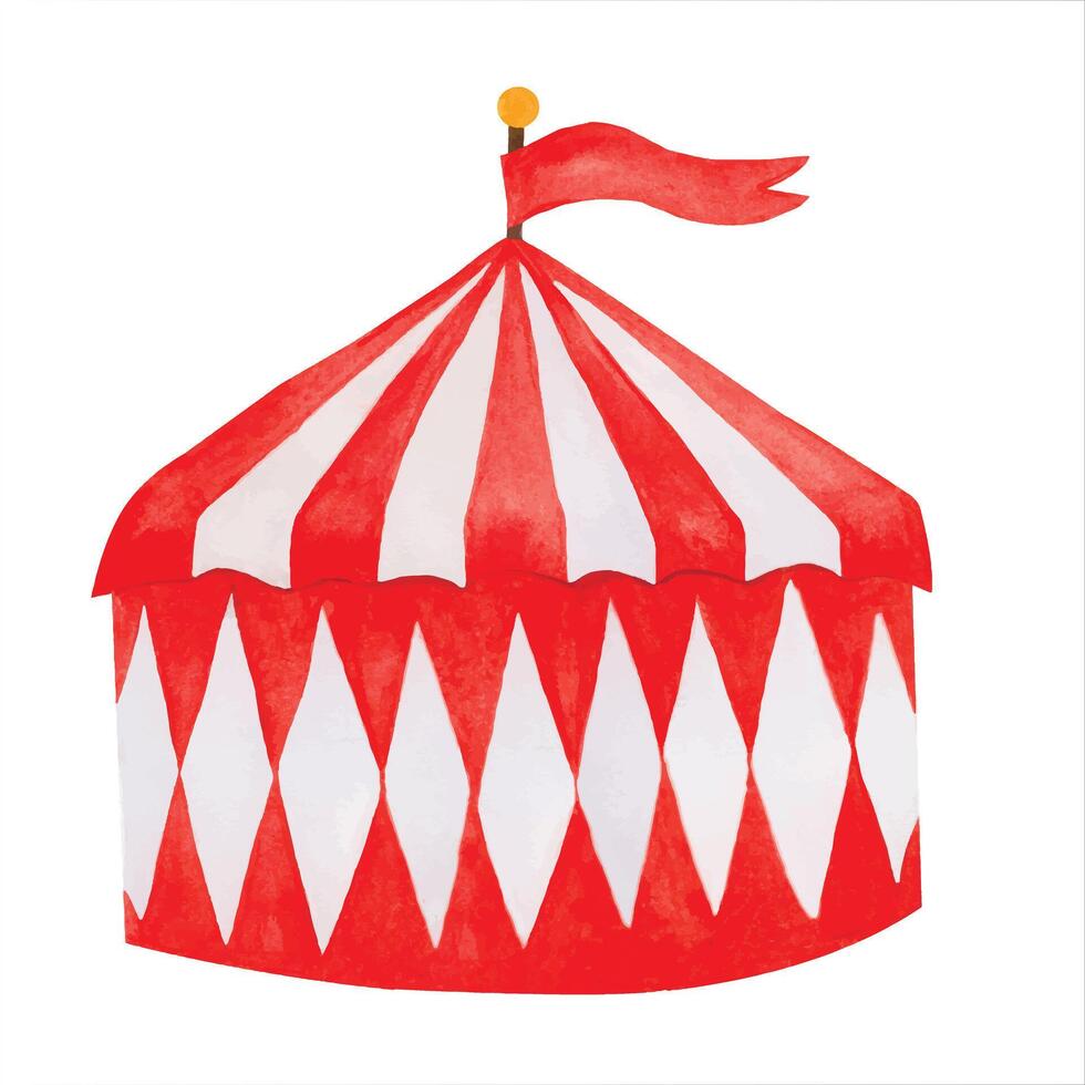Watercolor red and white circus tent with flag, hand-painted. Baby illustration for perfect for invitations, card templates, birthday and baby cards, textile. Isolated on white background. vector
