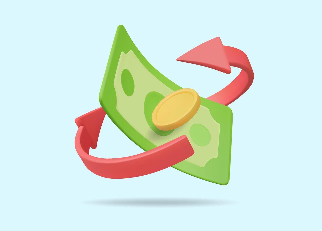3D render illustration of a green banknote icon with a gold coin surrounded by a curved red arrow. currency movement concept financial circulation business finance exchange rate digital payment vector