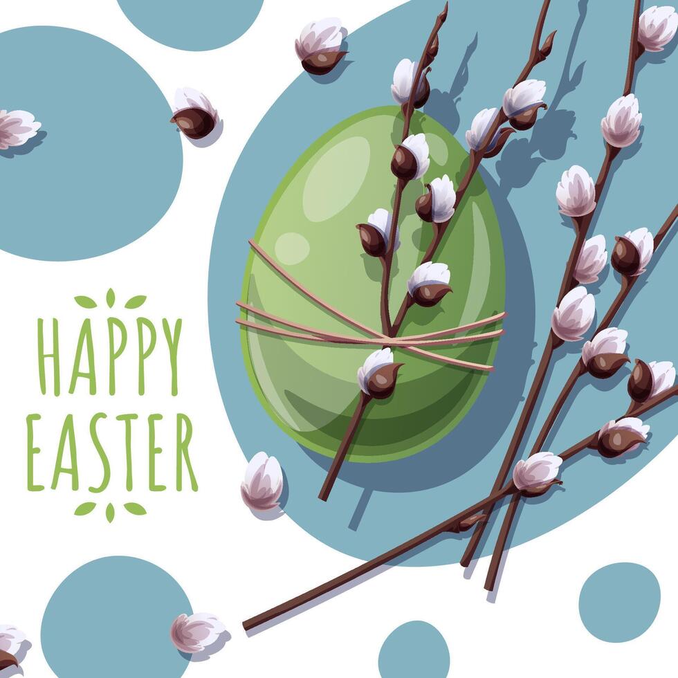 Happy Easter Square Card with Easter Egg and Willow Branch on Blue Background. Happy Easter Design. Perfect for Posters, Greetings, Social Media, and Banners. Celebrate Spring vector