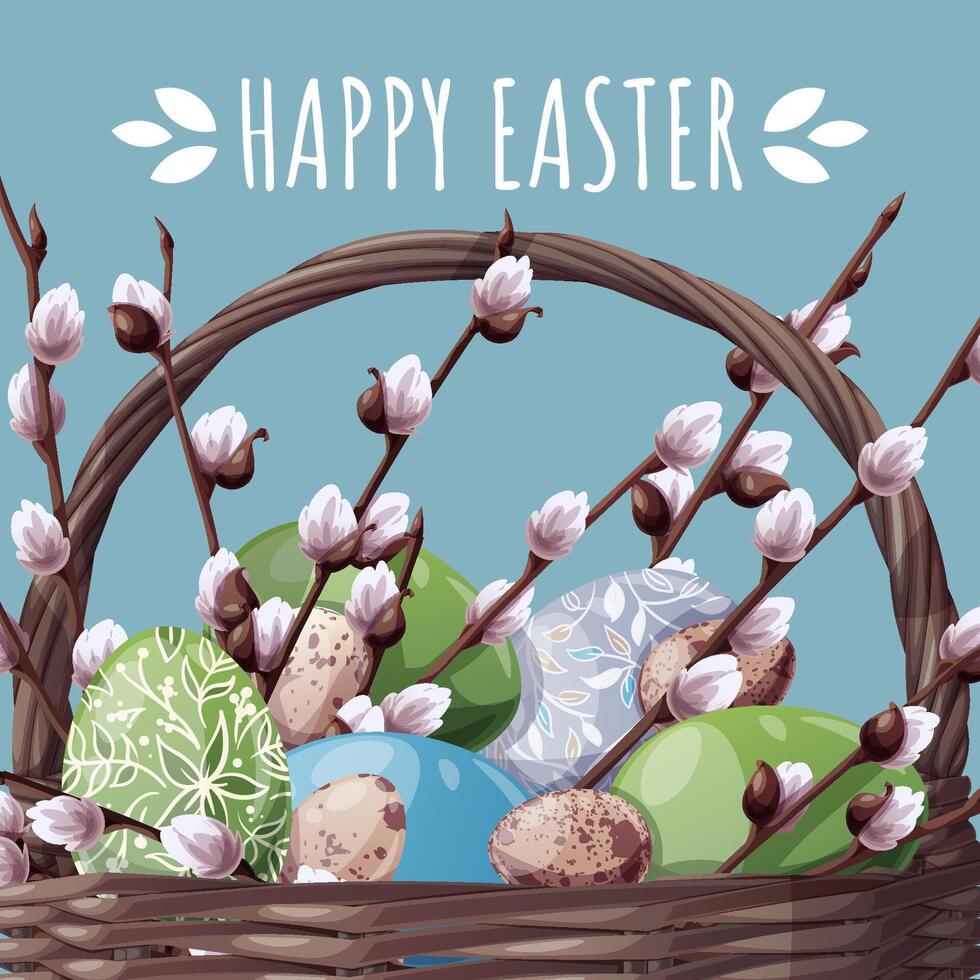 Happy Easter Square Card with Basket of Colorful Eggs and Willow Branches on Blue Background. Happy Easter Design. Perfect for Greetings, Social Media, Banners, and Festive Promotions. vector