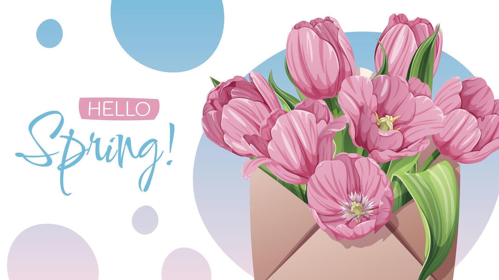 Pink Tulips in Envelope Spring Banner. Floral Design for Womens Day, Seasonal Cards, Posters, Social Media. Elegant Illustration for Spring Celebrations vector