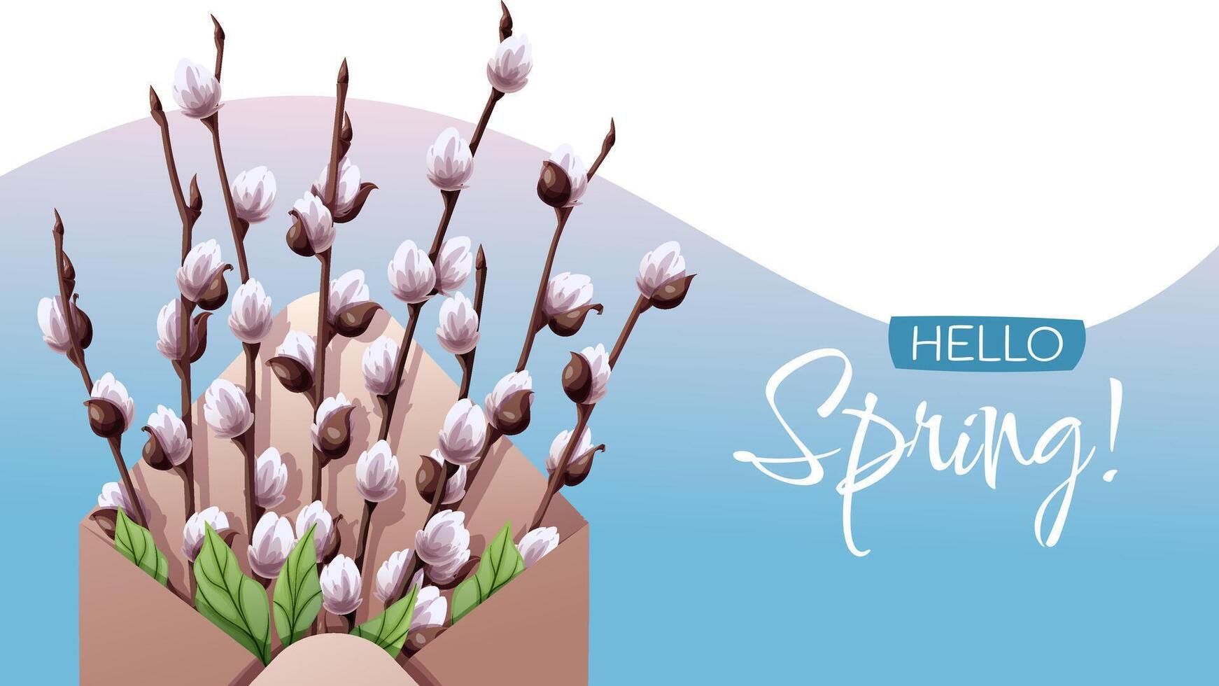Happy Easter Greeting Banner with Willow Branches in Envelope on Blue Background. Spring Floral Design for Holiday Cards, Posters, Social Media. Illustration for Seasonal Celebrations vector