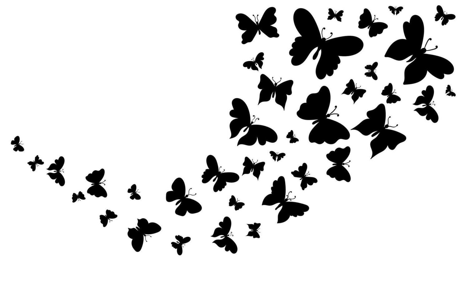 Random scattered butterflies silhouettes flying, curved formation, isolated on white background vector