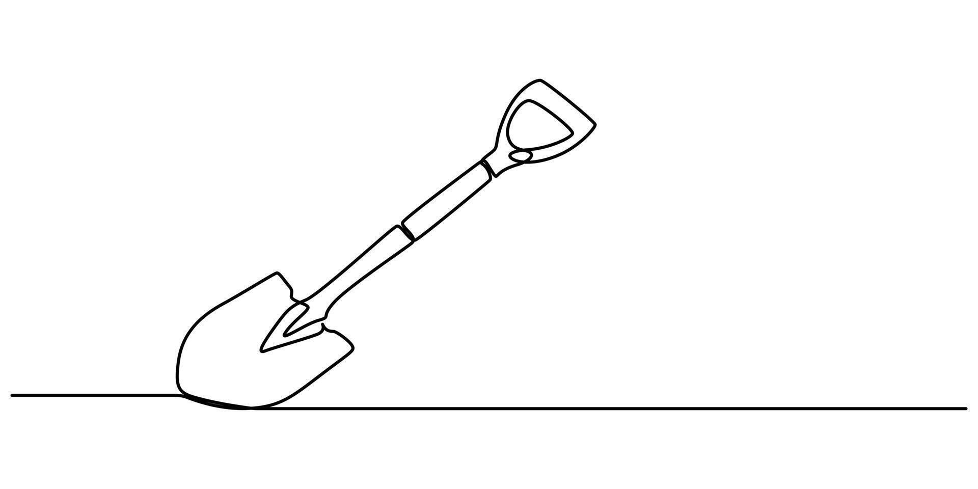 Continuous single line sketch drawing of shovel used in agricultural and plantation work activity one line illustration vector