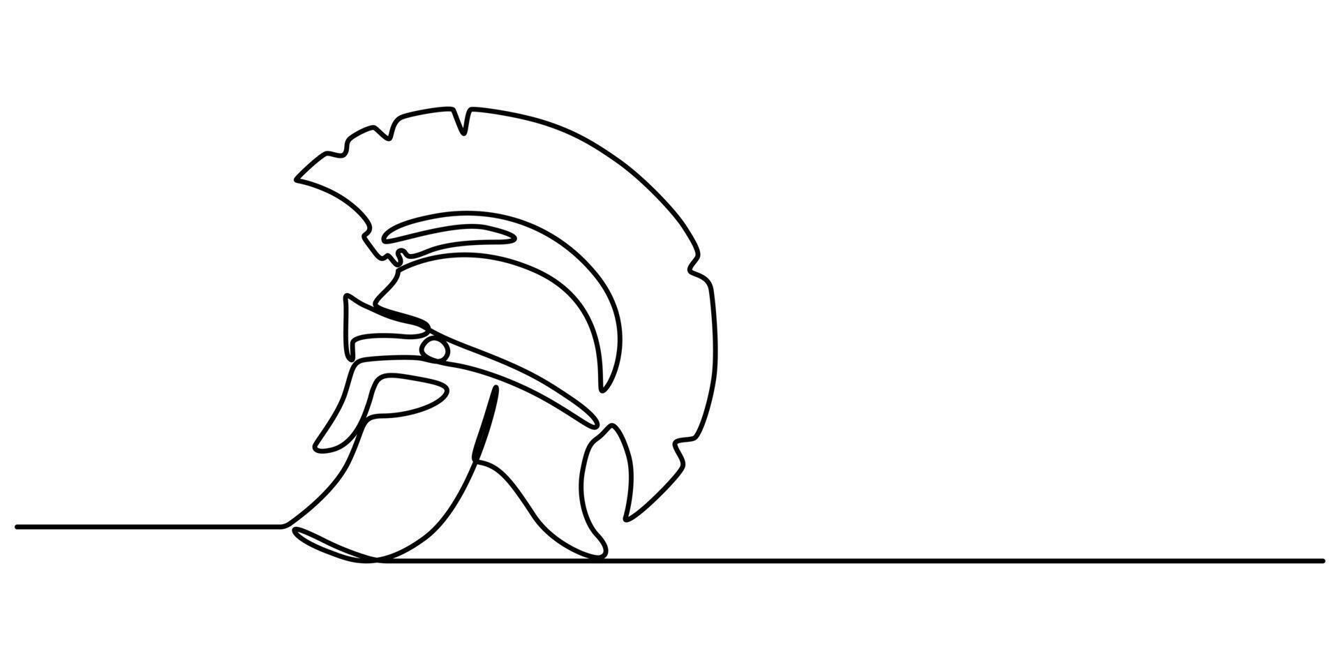 Roman warrior knight helmet mask continuous one line drawing Spartan headgear single line art illustration Editable vector