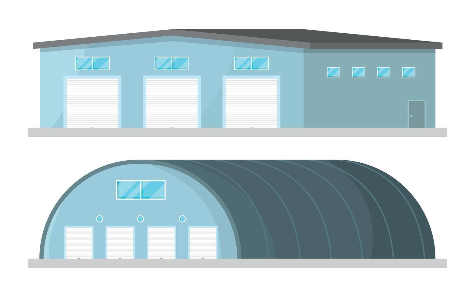 Warehouse icons with roller shutters. Side view. Concept of building for storage of goods. vector