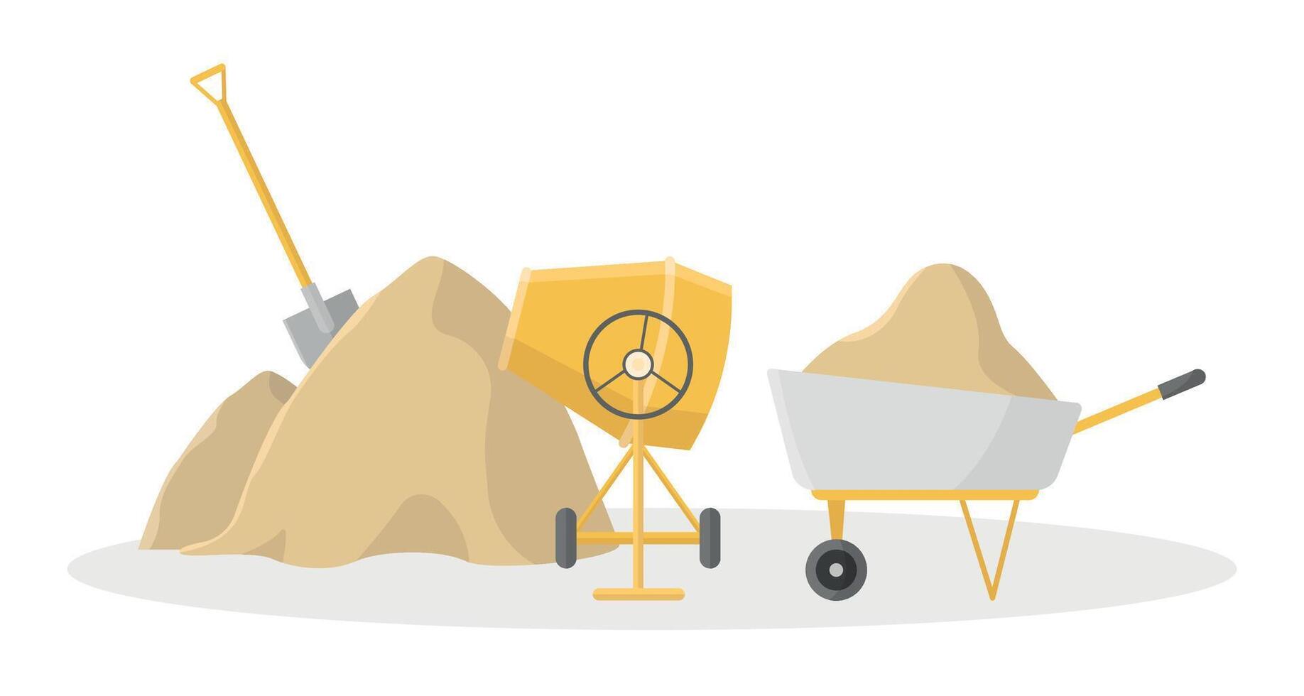 Construction site icon with sand, shovel, concrete mixer, wheelbarrow isolated on white background. vector