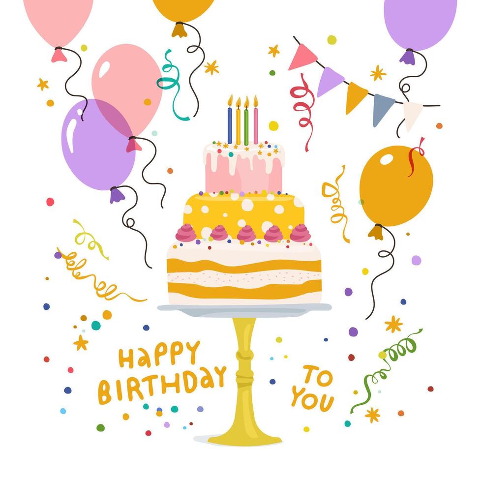 illustration of a festive birthday cake with colorful balloons, confetti and a cake. vector