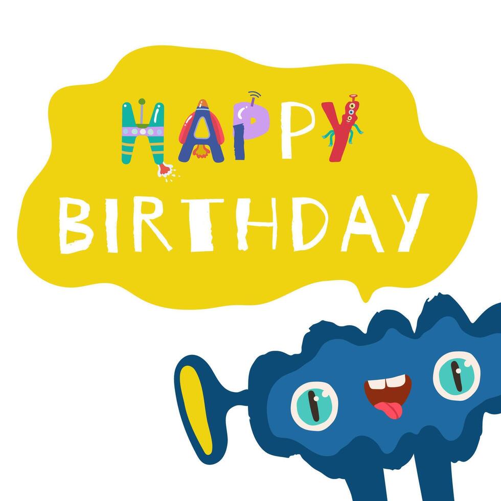 illustration with the image of aliens and the inscription happy birthday. vector