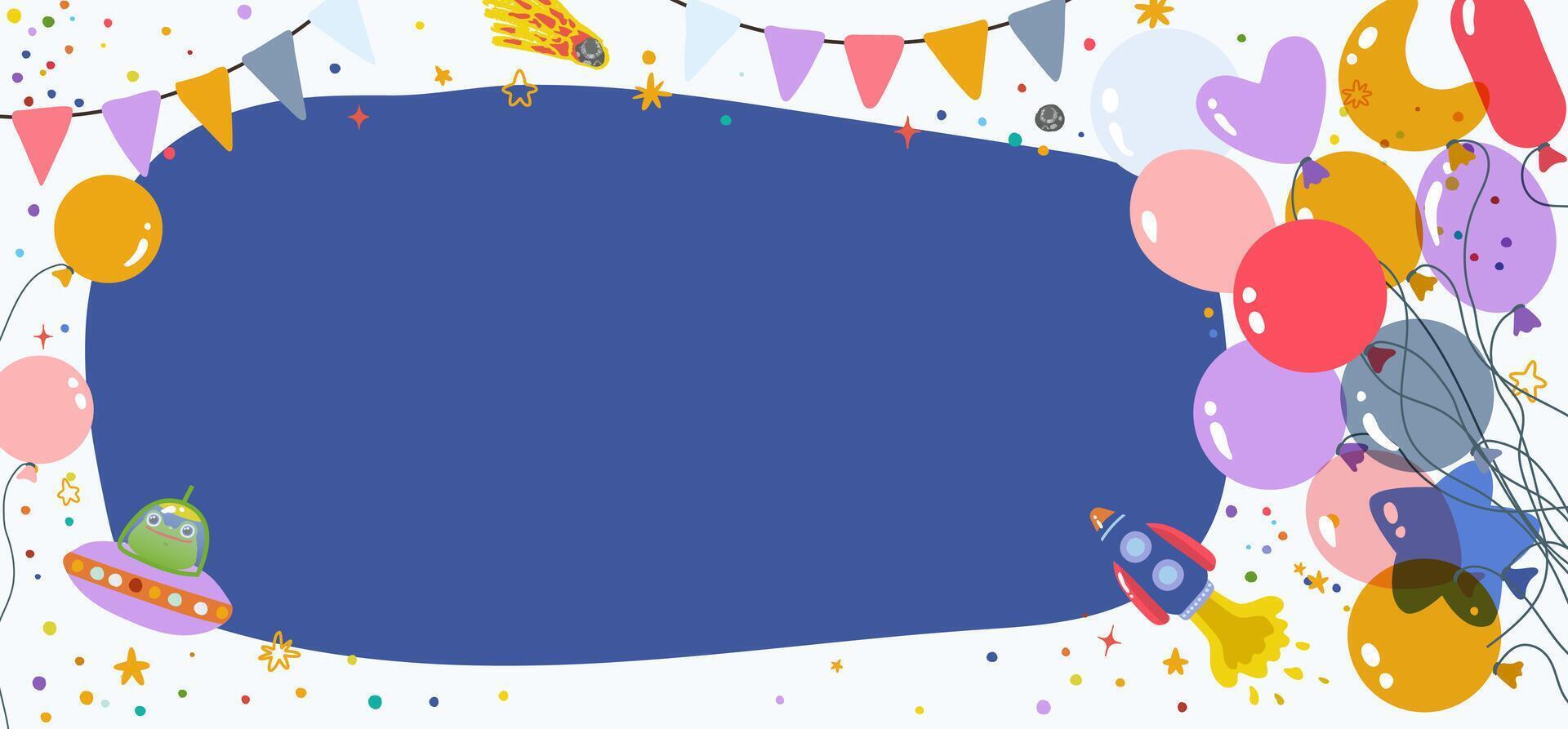 An invitation template for a space party. With colorful balloons, aliens, stars. vector