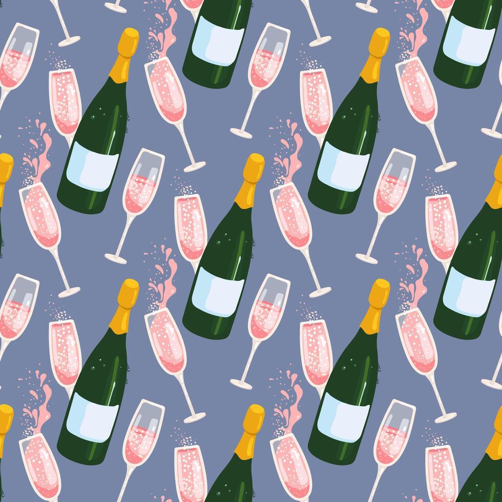 Seamless pattern with sparkling wine and glasses splashes and bubbles on a blue background. vector