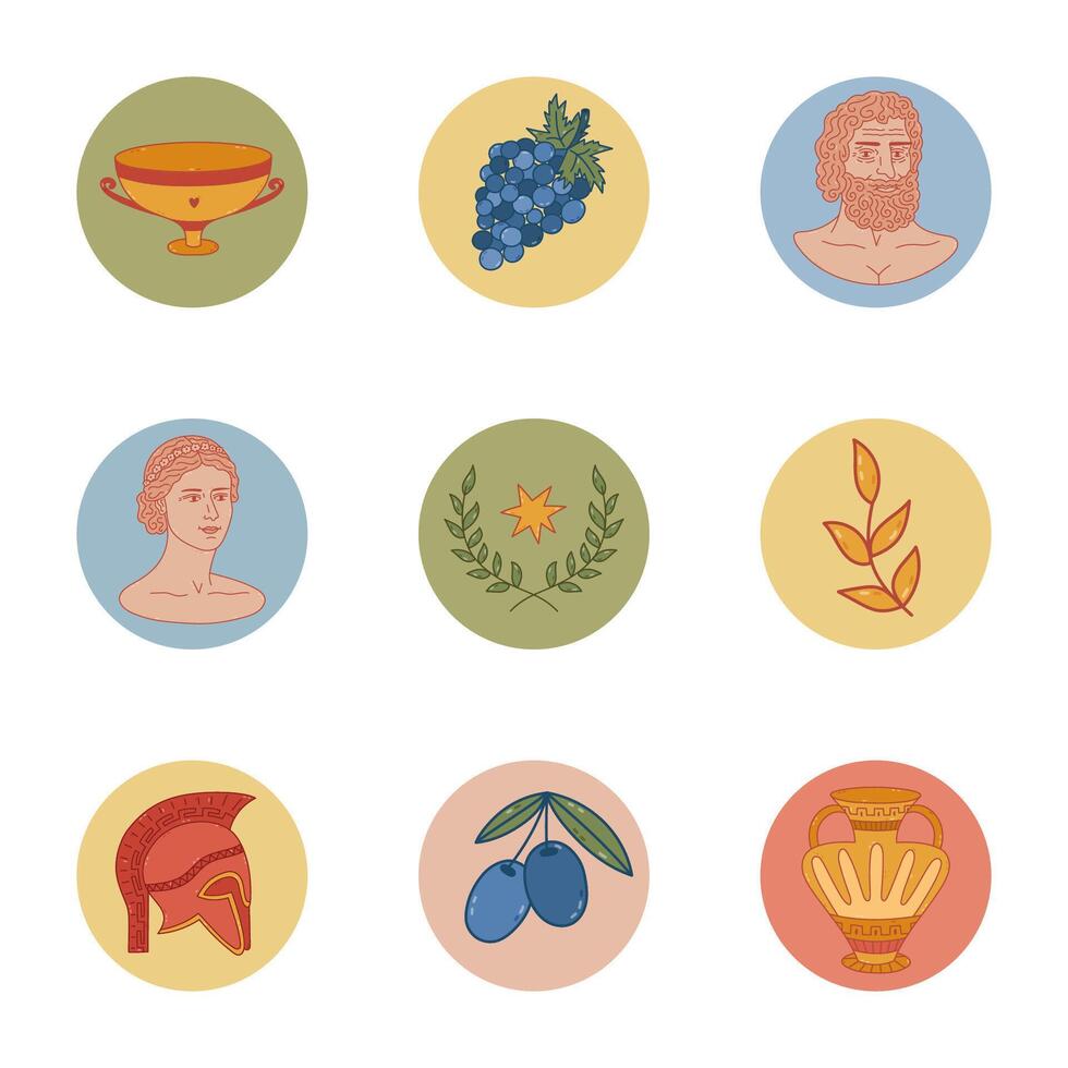 Lovely round cover icon with historical Greece doodle for different social media, blog, branding. Highlight icons for stories with Greek ancient sculpture, pot, spartan helmet, grape in pastel colors. vector